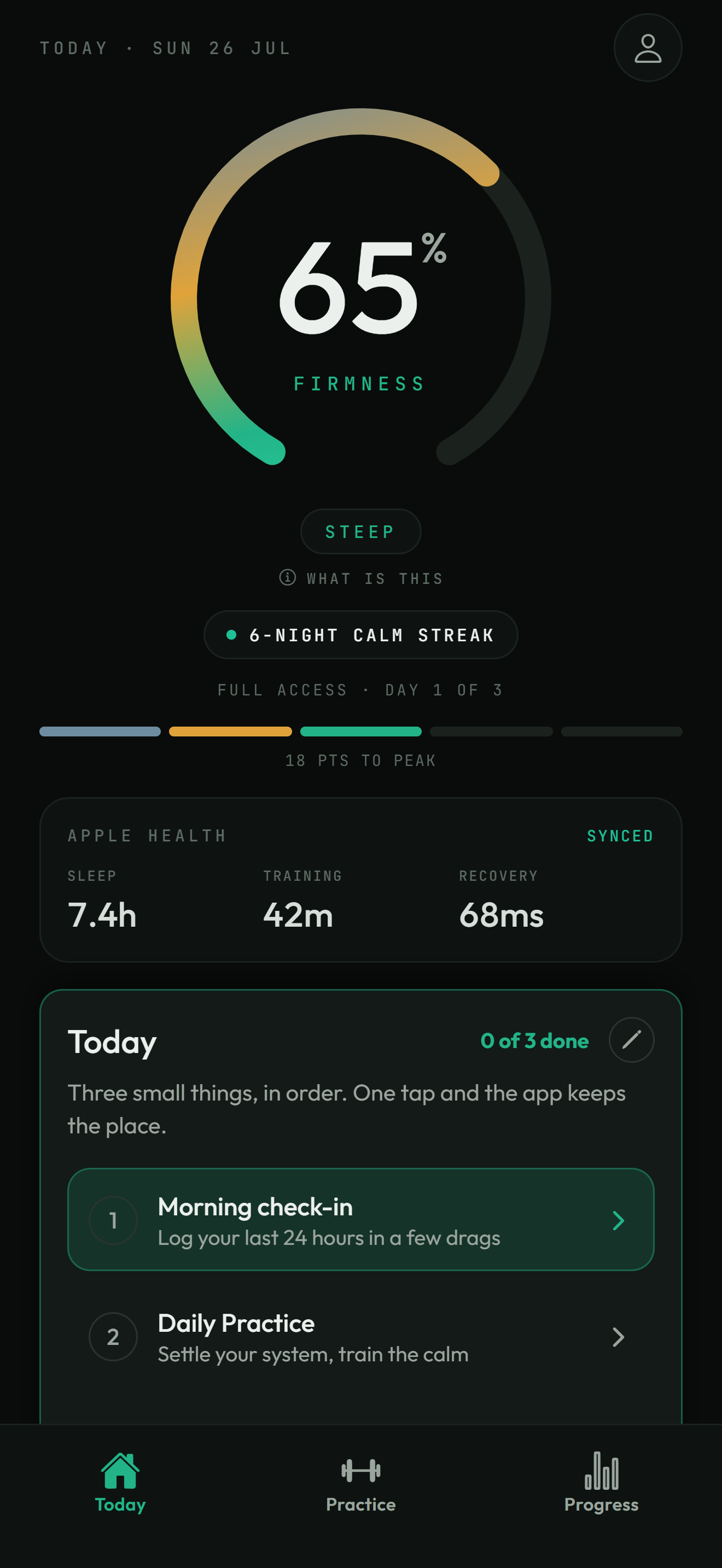 The STAMNR Today screen: a readiness ring with its tier word, live Apple Health tiles, a six night calm streak, and the daily flow.